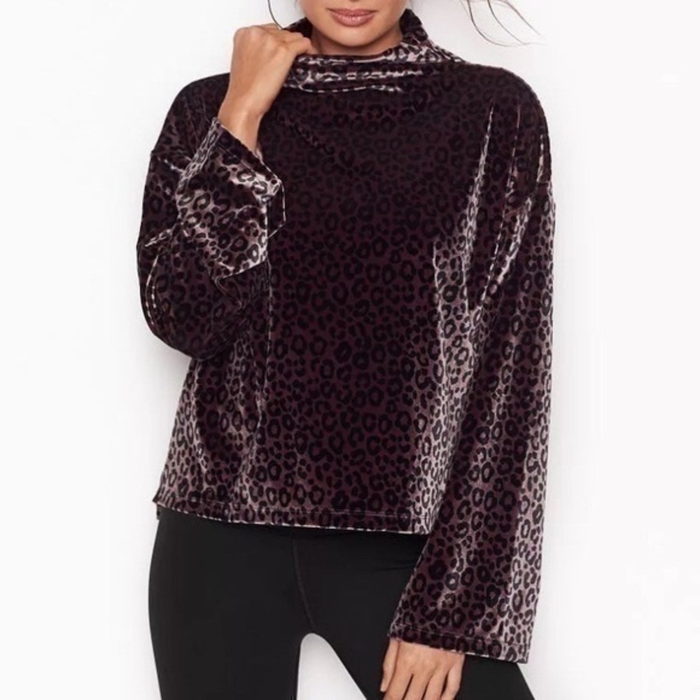 Victoria's Secret Sport Velour Leopard Print Mock Neck Bell Sleeve Pullover Top